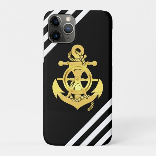 Nautical ships wheelanchor black stripegold iPhone 11 pro case