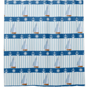 Nautical Ships Wheel Anchor Blue White Stripes Shower Curtain
