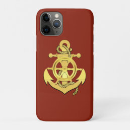 Nautical ship&#39;s wheel/anchor brick-red/gold  iPhone 11 pro case
