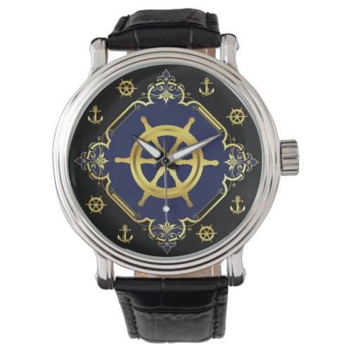 Nautical ships wheelanchor goldblacknavy watch
