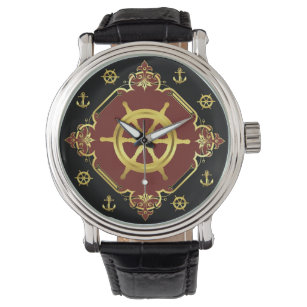 Nautical ship's wheel/anchor /gold/black/red watch