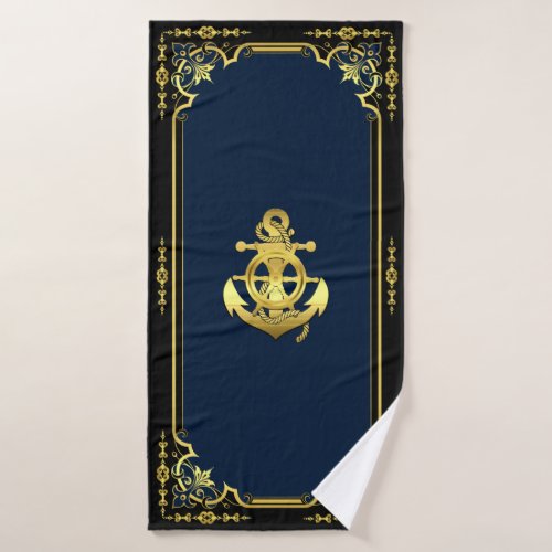 Nautical ships wheelanchor navy_bluegold bath t bath towel