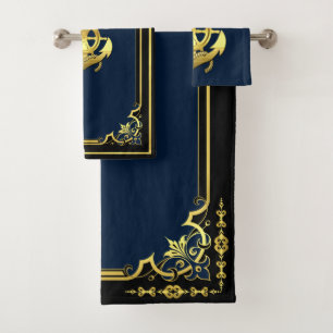 Nautical ship's wheel/anchor navy-blue/gold bath towel set