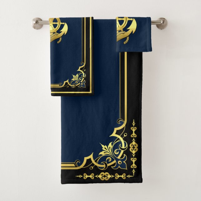 Nautical ship's wheel/anchor navy-blue/gold bath towel set (Insitu)