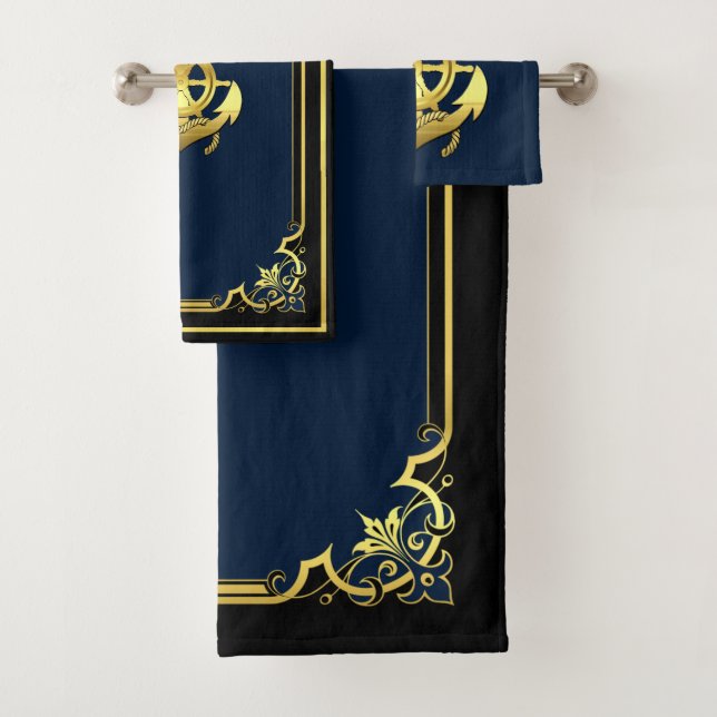 Nautical ship's wheel/anchor navy-blue-gold bath towel set (Insitu)