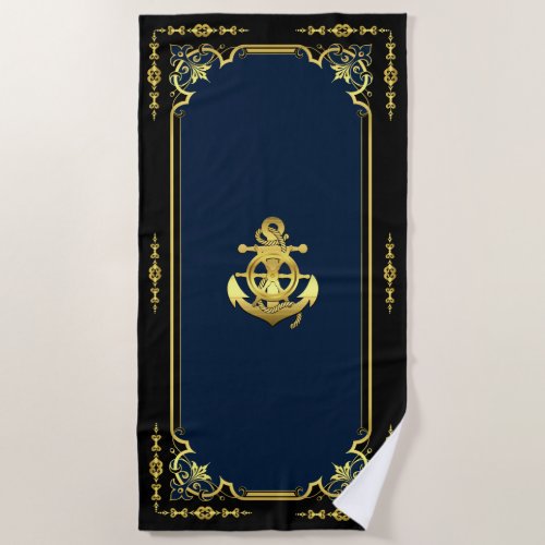 Nautical ships wheelanchor navy_bluegold  beach towel