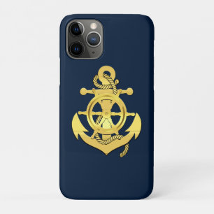 Nautical ship's wheel/anchor navy-blue/gold iPhone 11 pro case