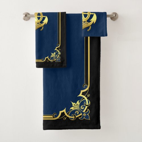 Nautical ships wheelanchor navy_bluegold  hand  bath towel set