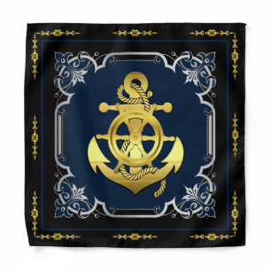 Nautical ship's wheel/anchor navy-blue/gold/silver bandana