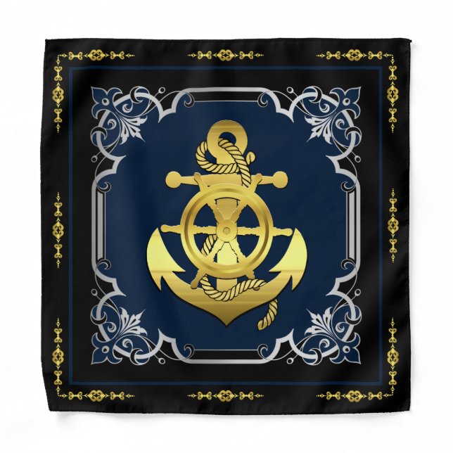 Nautical ship's wheel/anchor navy-blue/gold/silver bandana (Front)