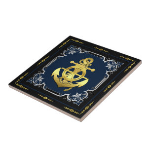 Nautical ship's wheel/anchor navy-blue/gold/silver ceramic tile