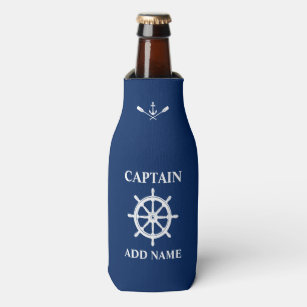 Nautical Ships Wheel Anchor Oars Captain Name Navy Bottle Cooler