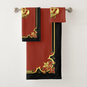 Nautical ship's wheel/anchor rust red/gold  hand bath towel set