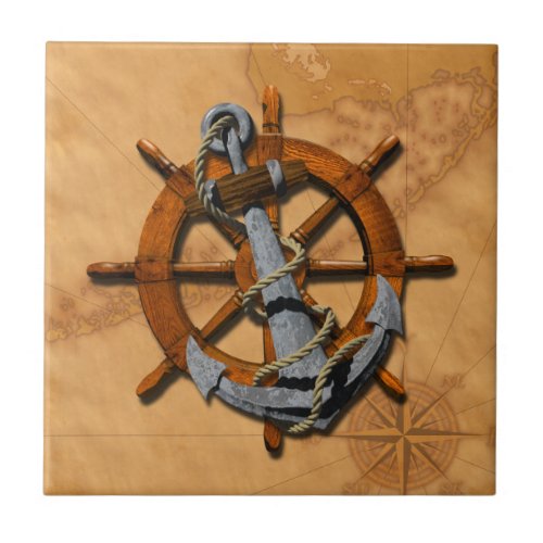 Nautical Ships Wheel And Anchor Ceramic Tile