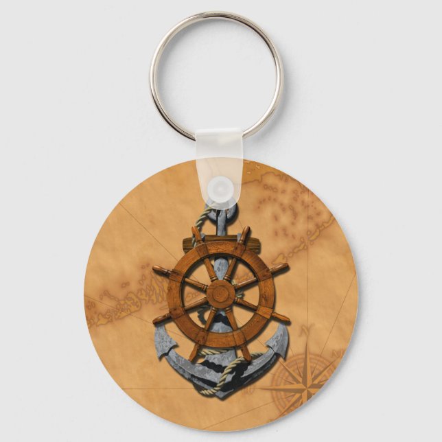 Nautical Ships Wheel And Anchor Keychain (Front)