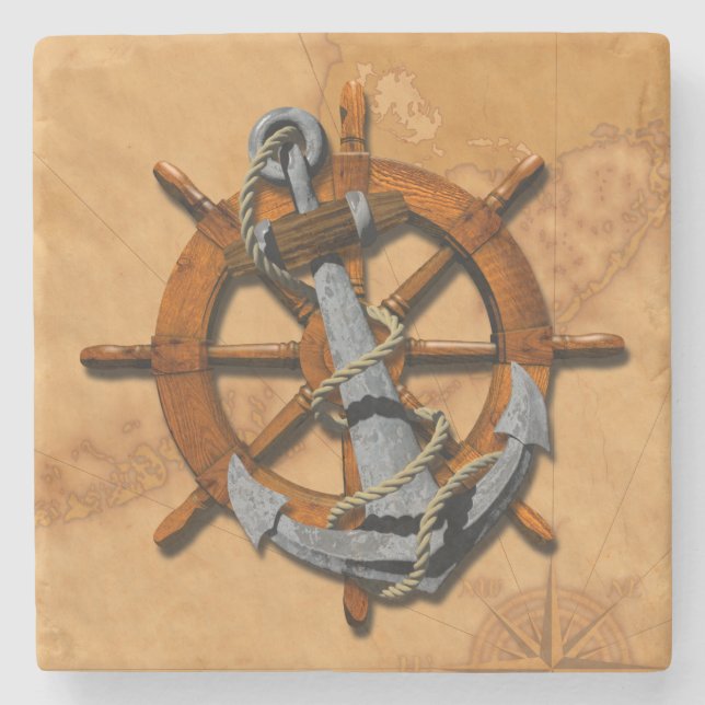 Nautical Ships Wheel And Anchor Stone Coaster (Front)