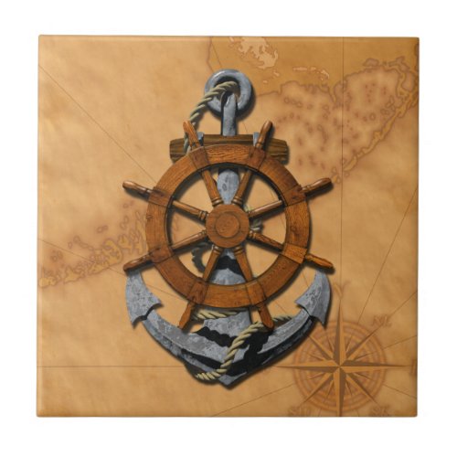 Nautical Ships Wheel And Anchor Tile