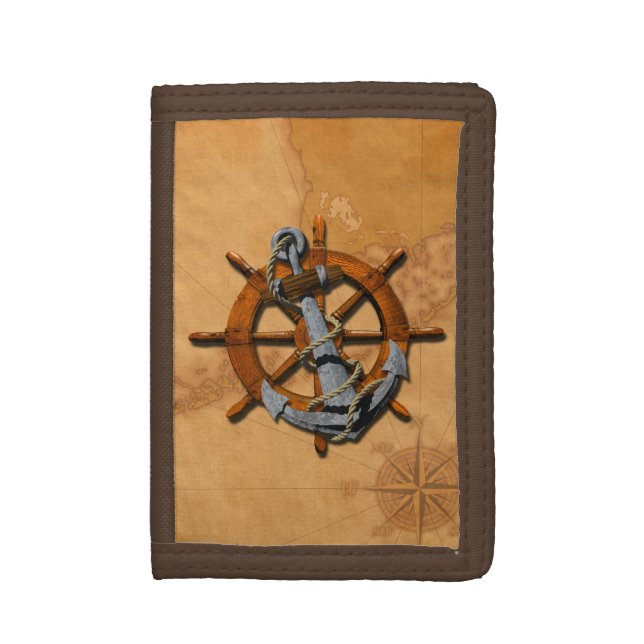 Nautical Ships Wheel And Anchor Tri-fold Wallet (Front Vertical)