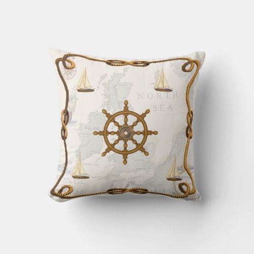 Nautical Ships Wheel and Sailboats Throw Pillow