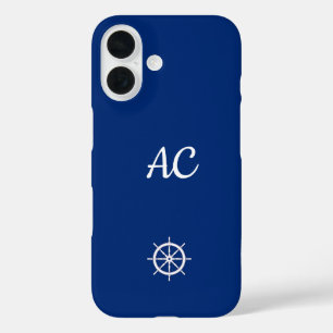 Nautical Ships Wheel Blue+White (Personalize) iPhone 16 Case