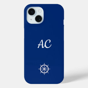 Nautical Ships Wheel Blue+White (Personalize) iPhone 15 Case