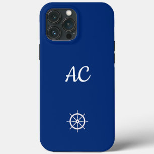 Nautical Ships Wheel Blue+White (Personalize) iPhone 13 Pro Max Case