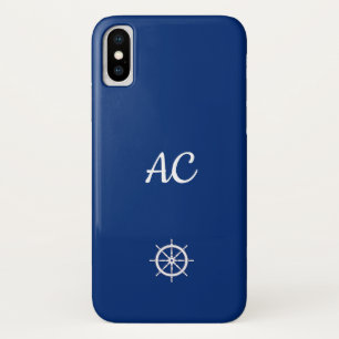 Nautical Ships Wheel Blue+White (Personalize) iPhone X Case