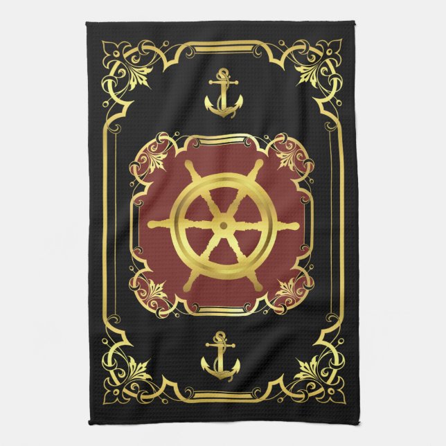 Nautical ship's wheel gilded black/gold/red kitchen towel (Vertical)