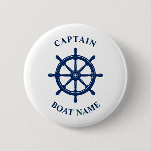 Nautical Ships Wheel Helm Captain Boat Name Navy Button