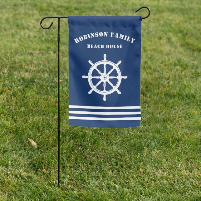 Nautical Ships Wheel Helm Family Beach House Navy Garden Flag (In SItu)