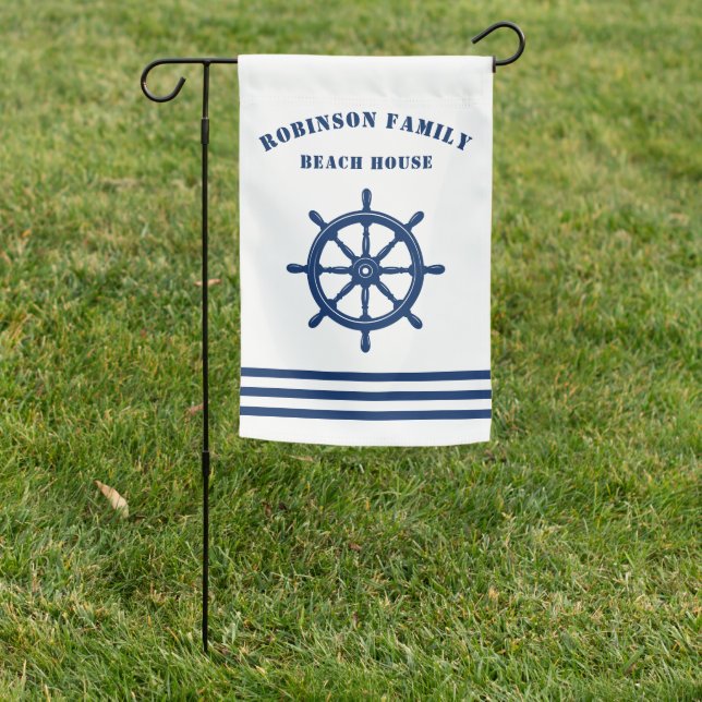 Nautical Ships Wheel Helm Family Beach, Lake House Garden Flag (In SItu)