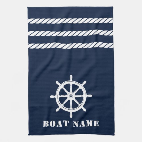 Nautical Ships Wheel Helm Rope Your Boat Name Blue Kitchen Towel