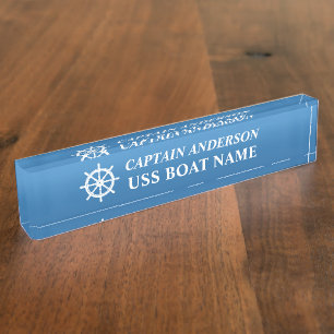 Nautical Ships Wheel Helm with Captain and Boat Desk Name Plate