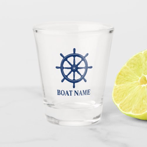 Nautical Ships Wheel Helm with Your Boat Name Shot Glass