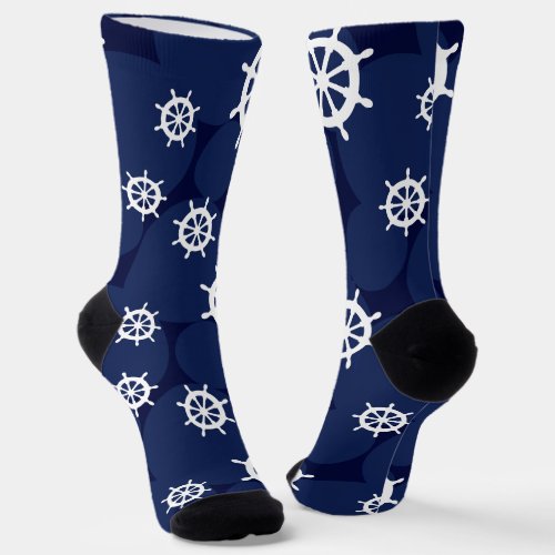 Nautical Ships Wheel Navy Blue and White Pattern Socks