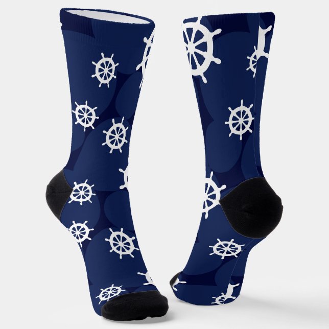Nautical Ships Wheel Navy Blue and White Pattern Socks (Angled)