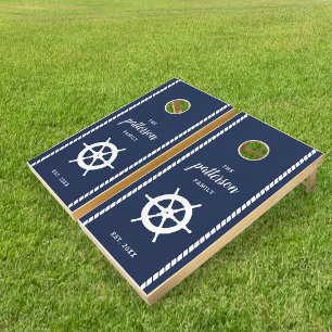 Nautical Ship's Wheel Personalized Family Name Cornhole Set