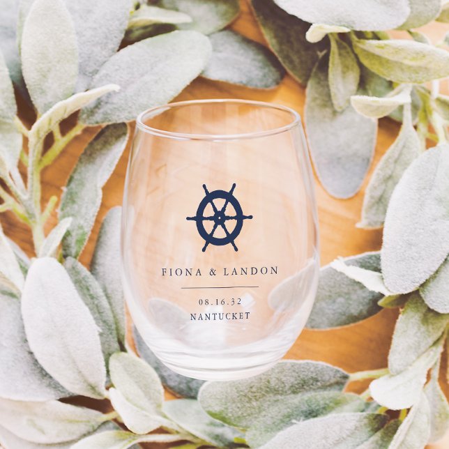 Nautical Ship's Wheel Personalized Wedding Favor Stemless Wine Glass (Creator Uploaded)