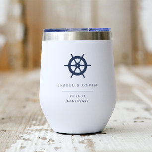 Nautical Ship's Wheel Personalized Wedding Favor Thermal Wine Tumbler