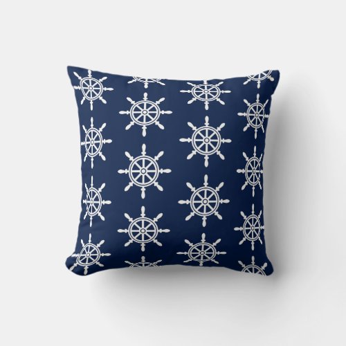 Nautical Ships Wheel Pillow _ Navy Blue and White