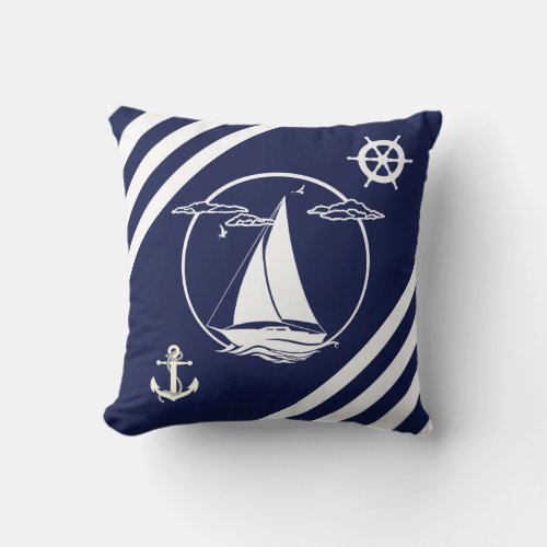 Nautical ships wheelsailboatanchorstripe 2 throw pillow