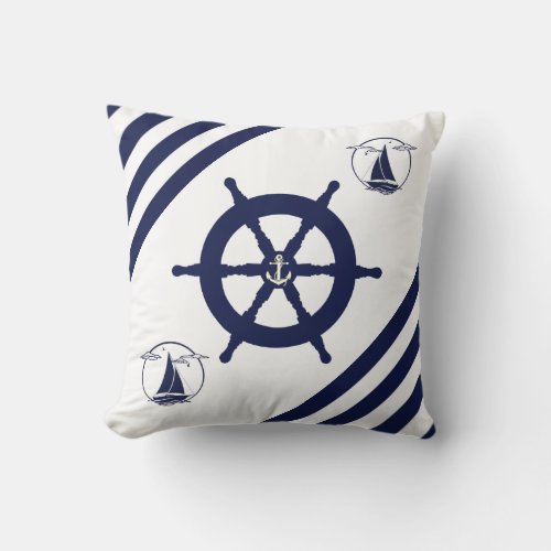 Nautical ships wheelsailboatanchorstripe throw pillow