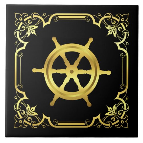 Nautical ships wheel silhouettegoldblack ceramic tile