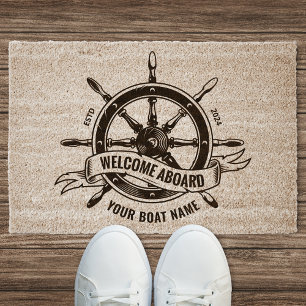 Nautical Ship's Wheel Welcome Aboard Doormat Fiber Doormat