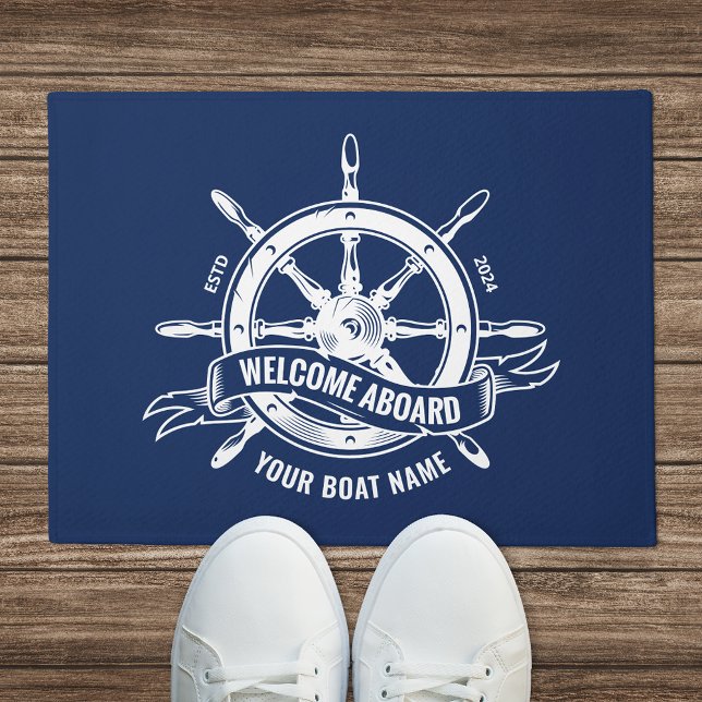 Nautical Ship's Wheel Welcome Aboard Navy Blue Doormat (Creator Uploaded)