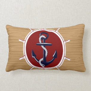 Nautical Ships Wheels Anchor on Wood Grain Lumbar Pillow