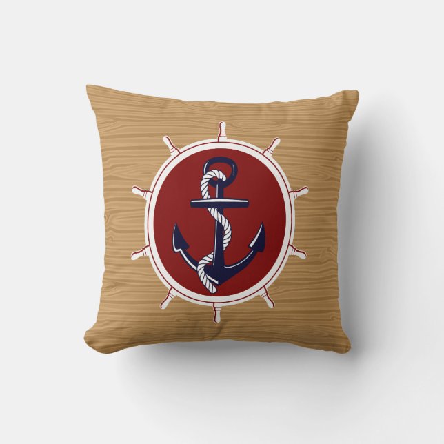 Nautical Ships Wheels Anchor on Wood Grain Throw Pillow (Front)