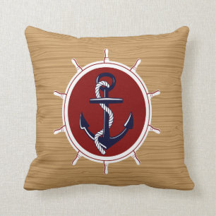 Nautical Ships Wheels Anchor on Wood Grain Throw Pillow