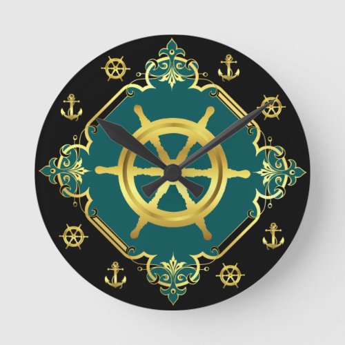 Nautical ships wheelsanchors goldblackaqua round clock
