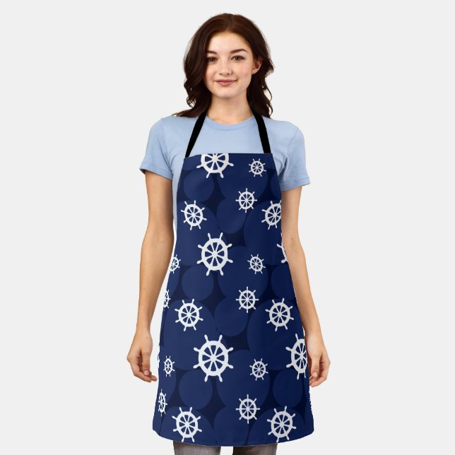 Nautical Ships Wheels Navy Blue and White Pattern Apron (Worn)